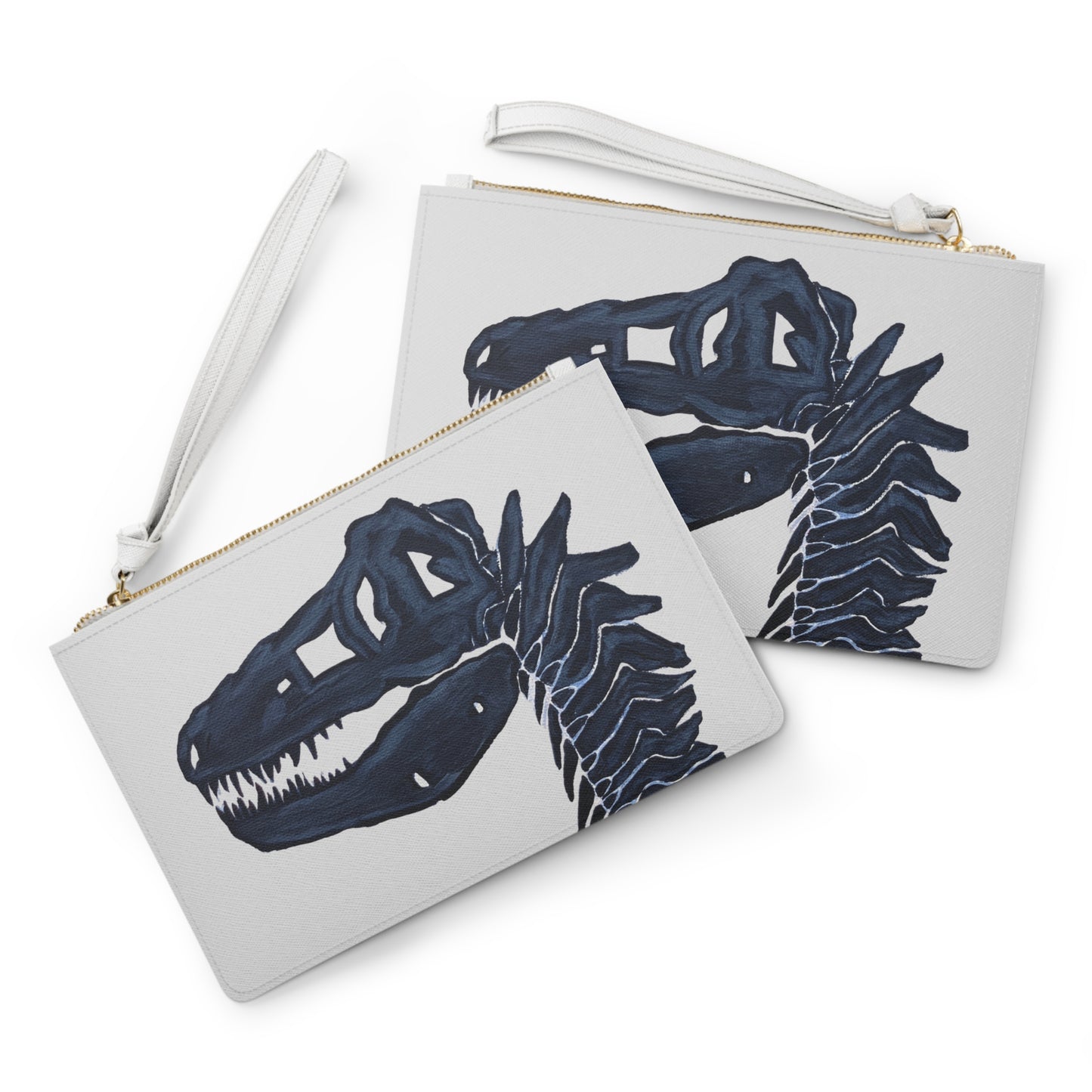 Dinosaur T-Rex Skull Navy Clutch Bag — Fossil Skeleton Wristlet Purse