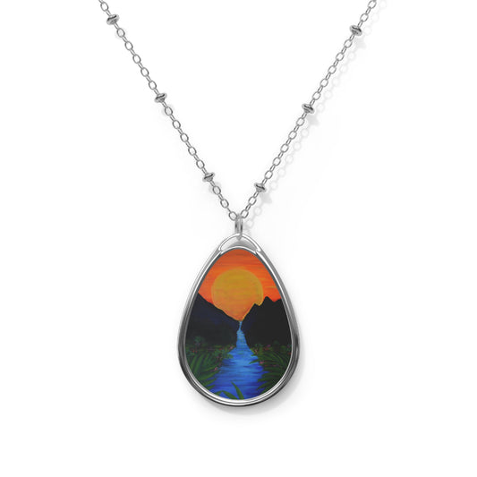 Oval Necklace - Tropical Sunset River Teardrop Pendant Necklace