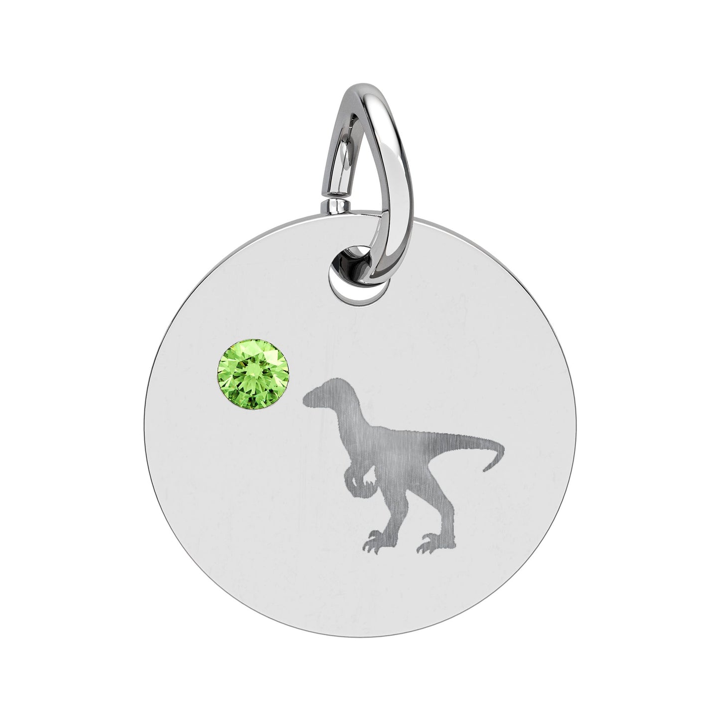 Birthstone Circle Charm — Engraved Dinosaur Silhouette Pendant