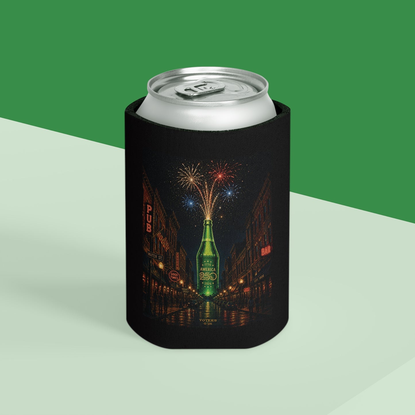 Can Cooler — Neon Bottle Nightscape with Fireworks