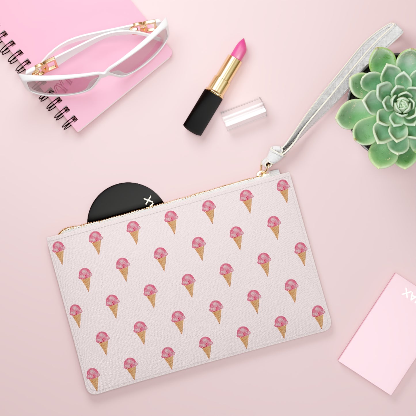 Pink Ice Cream Cone Clutch Bag — Watercolor Summer Wristlet Purse