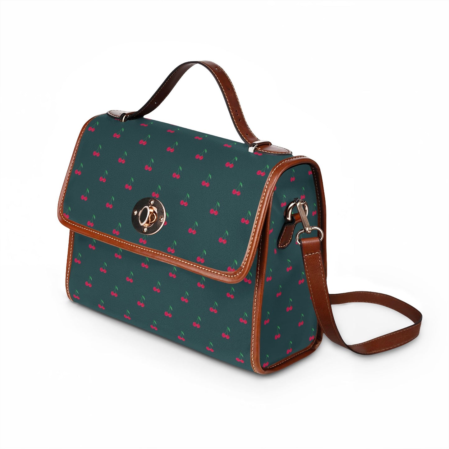 Cherry Pattern Canvas Tote — Vintage Green Waterproof Bag