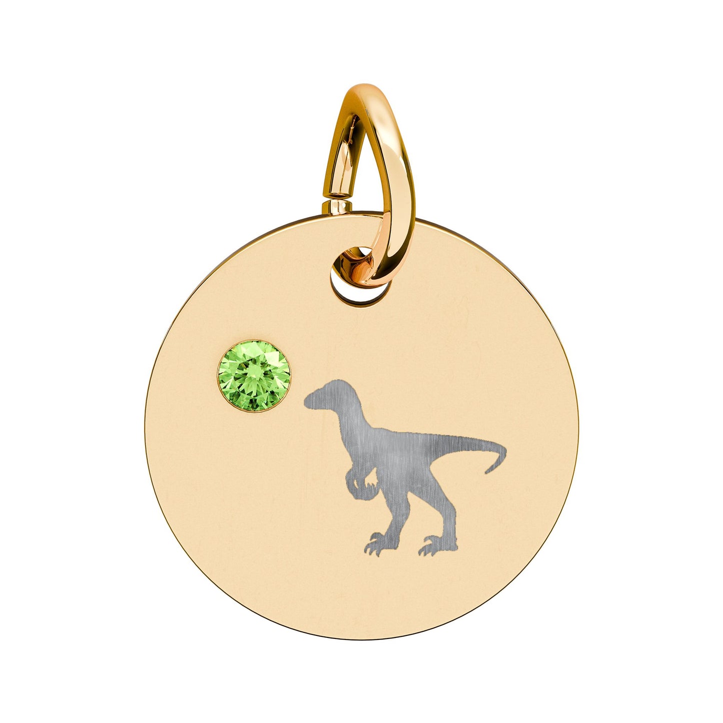 Birthstone Circle Charm — Engraved Dinosaur Silhouette Pendant