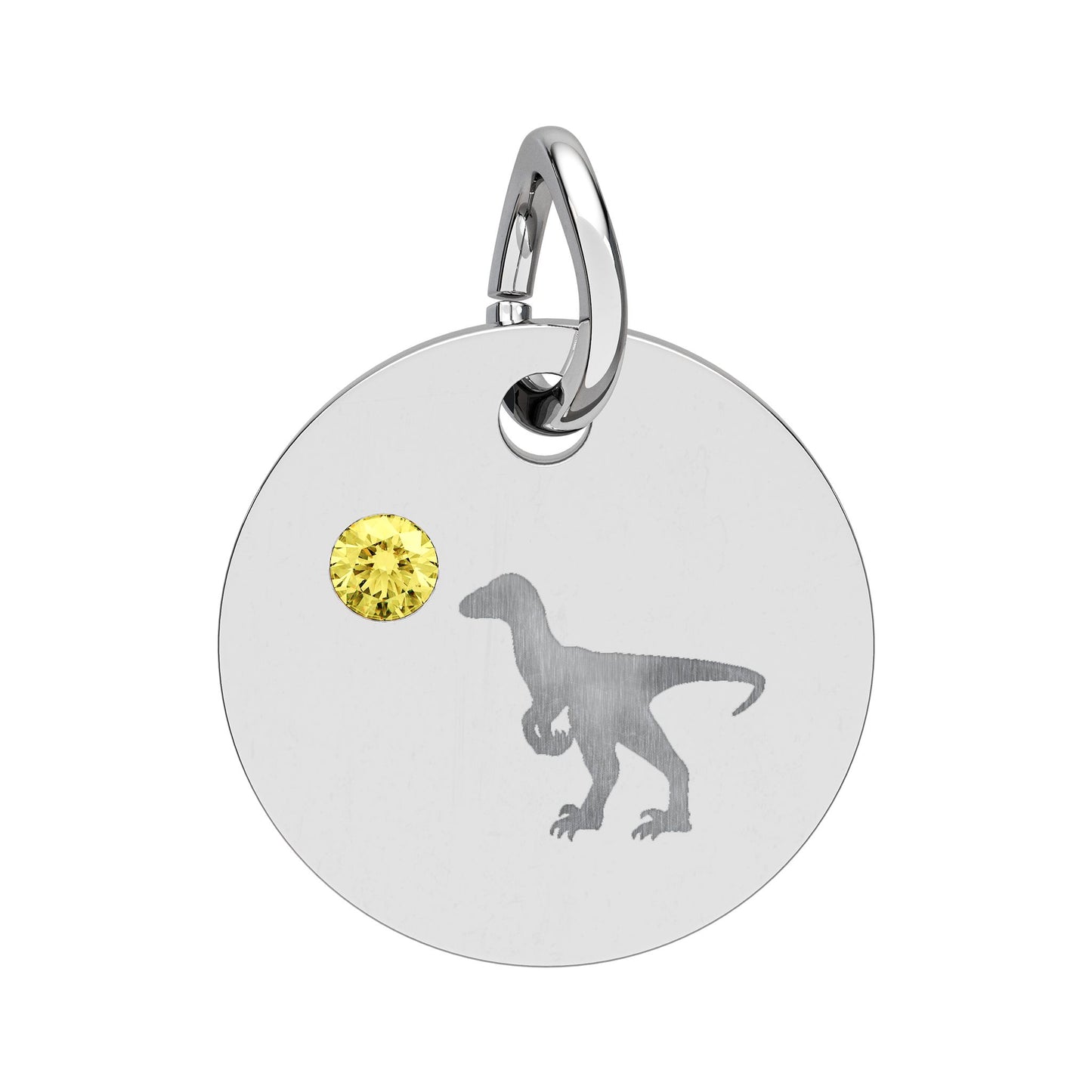 Birthstone Circle Charm — Engraved Dinosaur Silhouette Pendant
