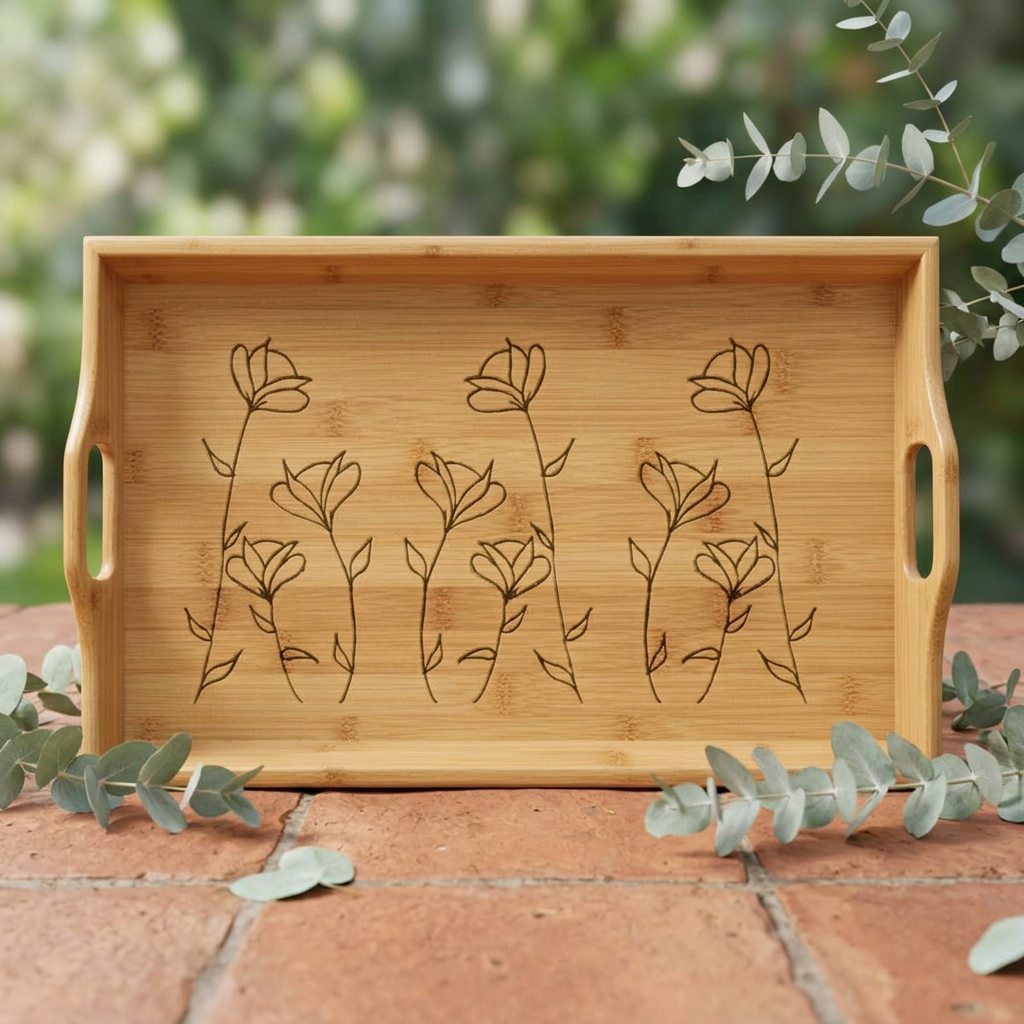 Engraved Bamboo Serving Tray — Floral Stem Breakfast & Tea Tray