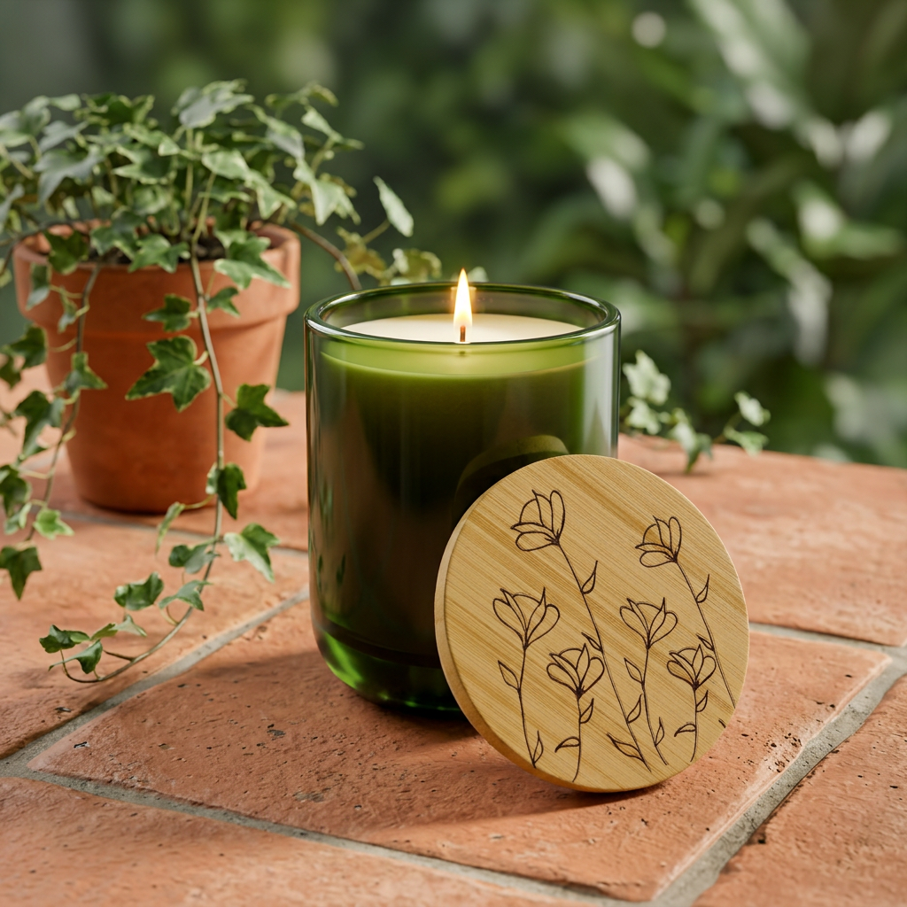 Engraved Floral Soy Candle — 14oz with Bamboo Lid