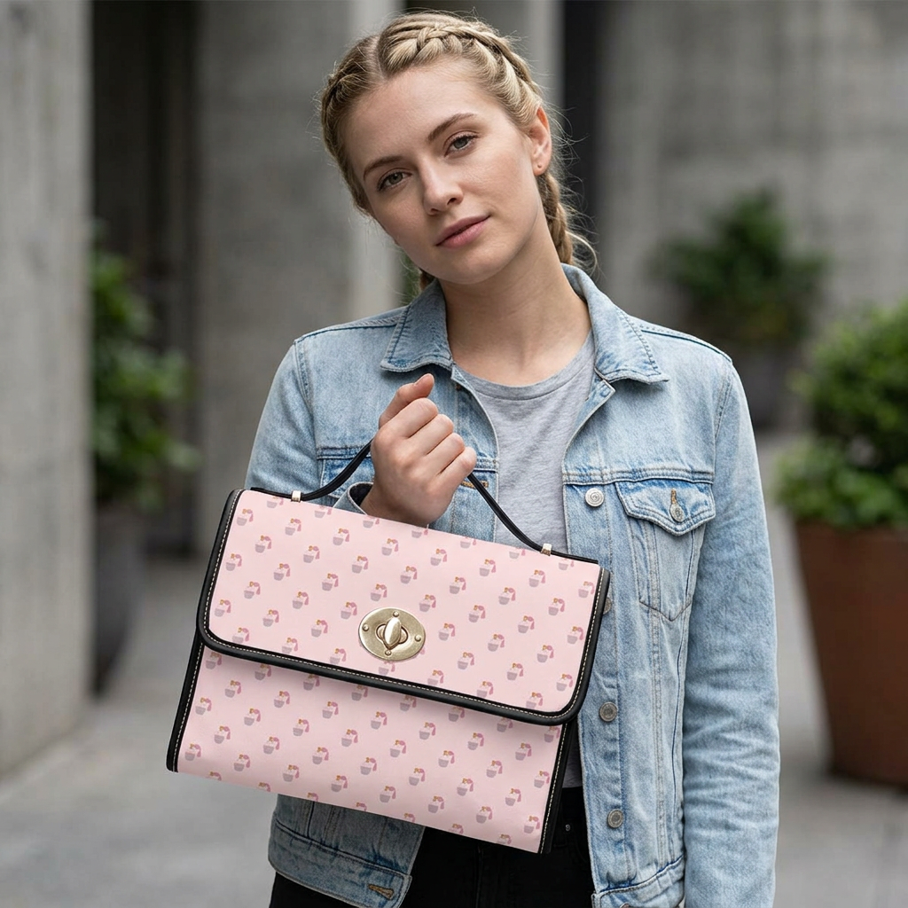 Pink Perfume Canvas Handbag — Waterproof Crossbody Satchel with Vegan Leather Trim