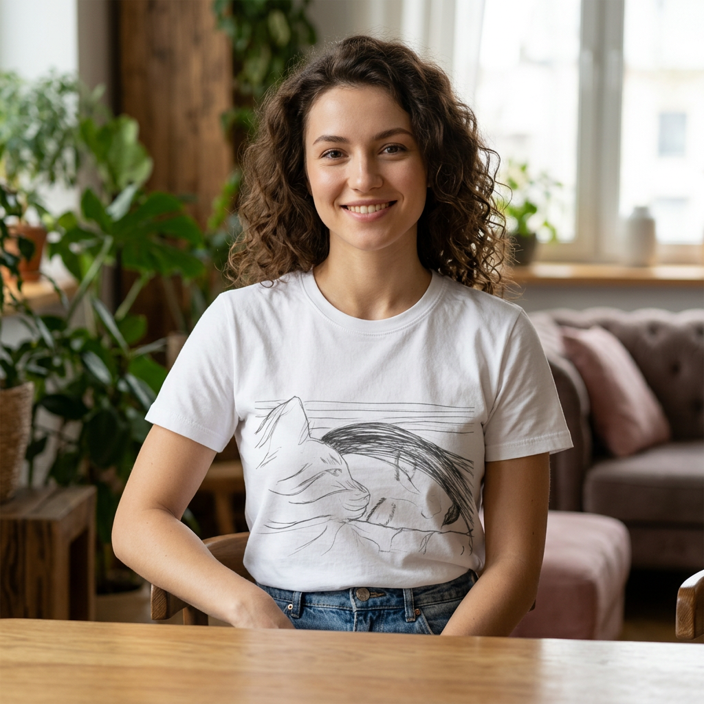 Sleepy Cat Sketch T-Shirt — Minimalist Hand-Drawn Cat Tee