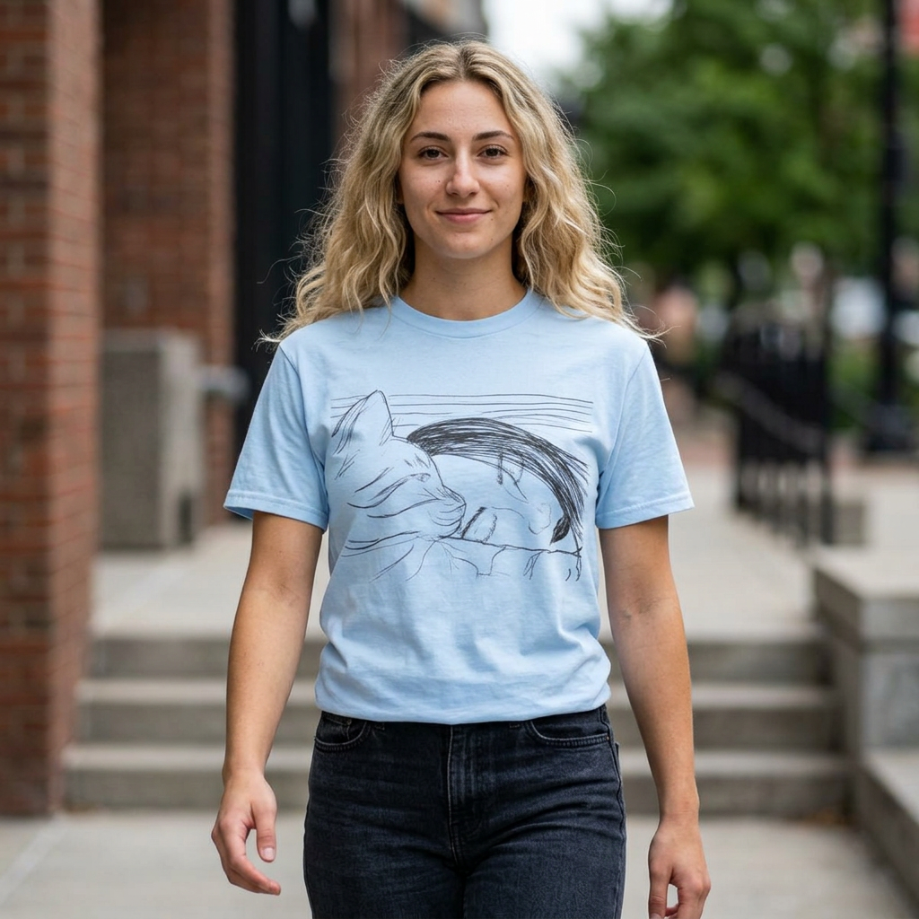 Sleepy Cat Sketch T-Shirt — Minimalist Hand-Drawn Cat Tee