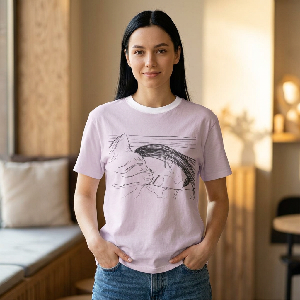 Sleepy Cat Sketch T-Shirt — Minimalist Hand-Drawn Cat Tee