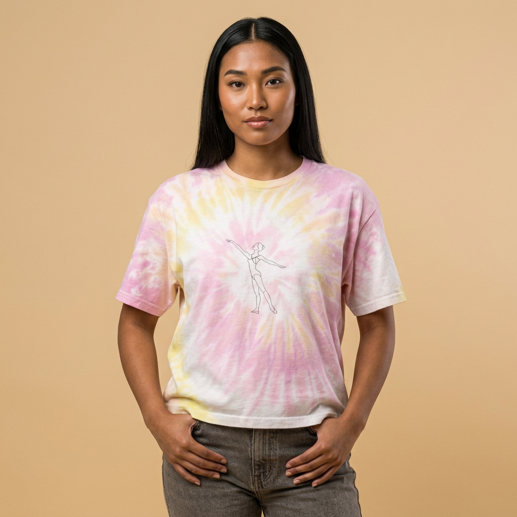 Tie-Dye Crop Tee — Pastel Blue Spiral with Minimal Line Art