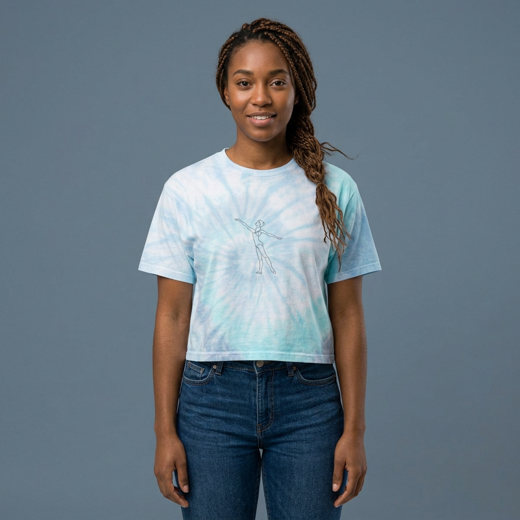 Tie-Dye Crop Tee — Pastel Blue Spiral with Minimal Line Art