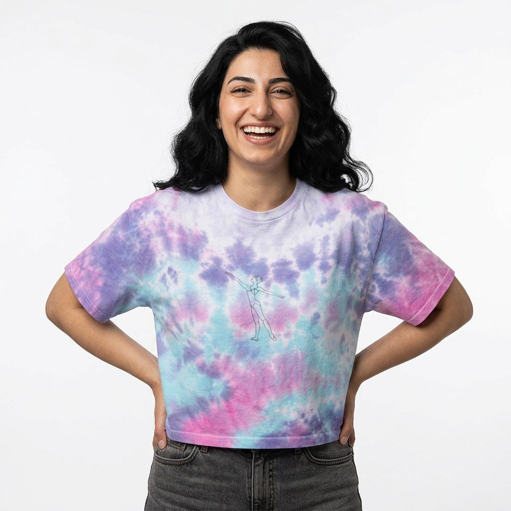 Tie-Dye Crop Tee — Pastel Blue Spiral with Minimal Line Art