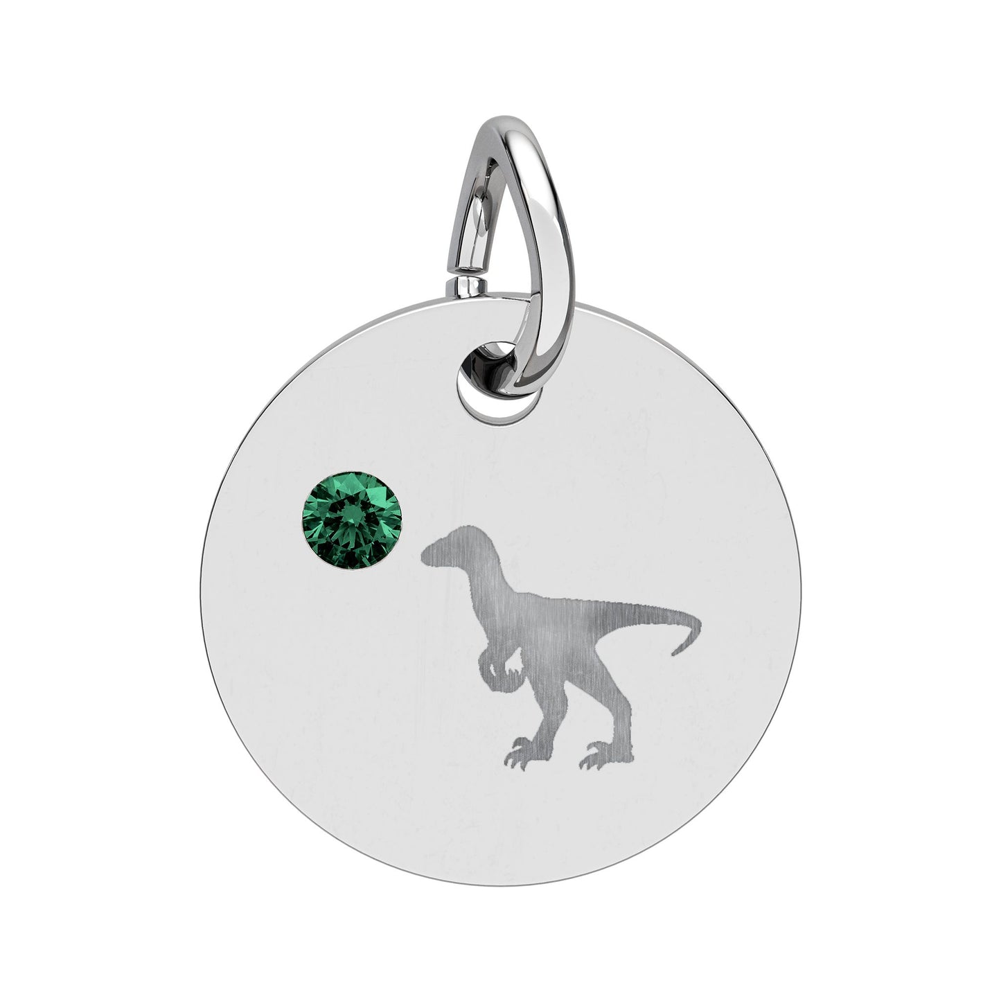 Birthstone Circle Charm — Engraved Dinosaur Silhouette Pendant