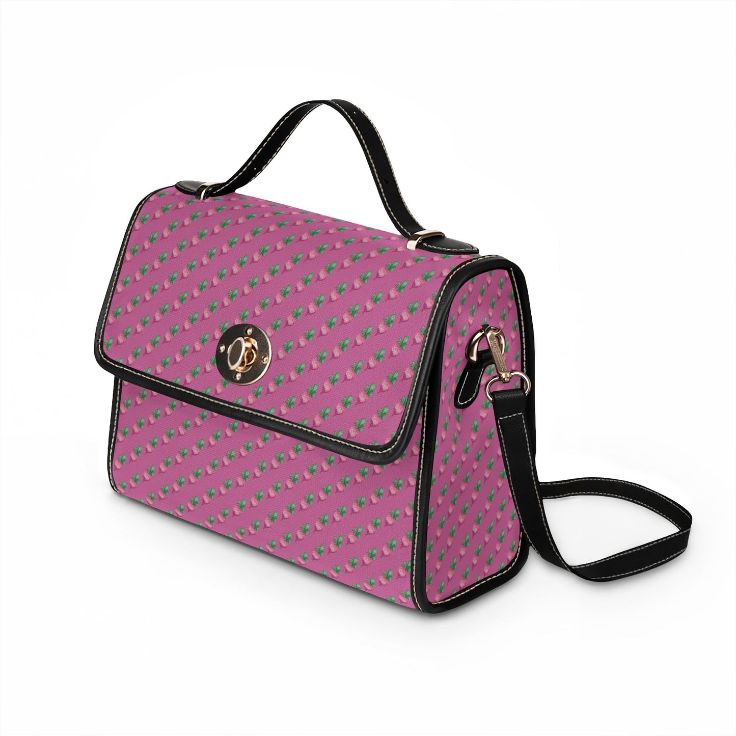 Pink Floral Radish Print Waterproof Canvas Crossbody Satchel