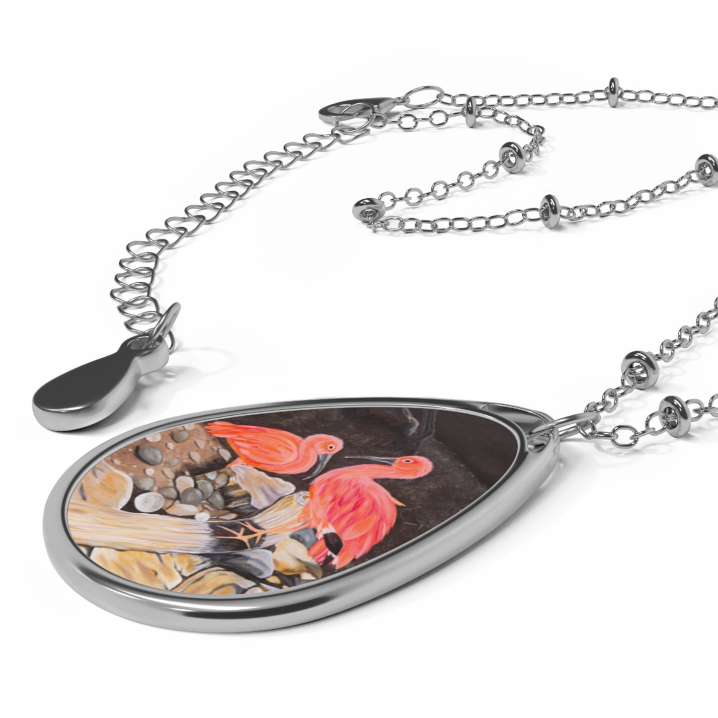 Pink Ibis Birds Oval Necklace