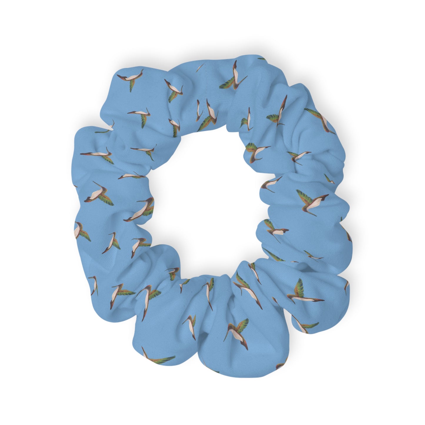 Blue Hummingbird Scrunchie — Floral Bird-Print Hair Tie