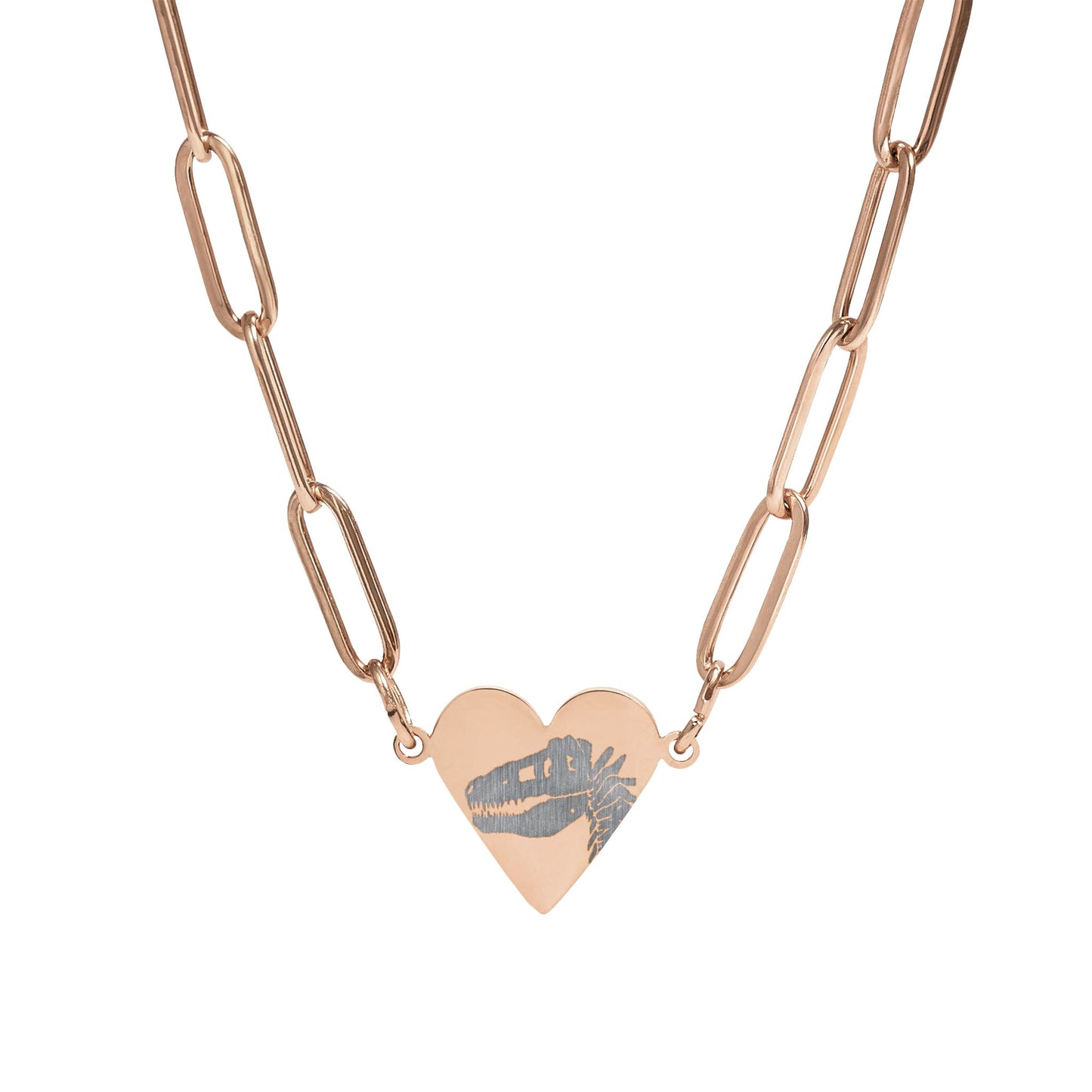 Engraved T. Rex Fossil Paperclip Heart Necklace — Dinosaur Necklace (Gold, Rose, Stainless Steel)
