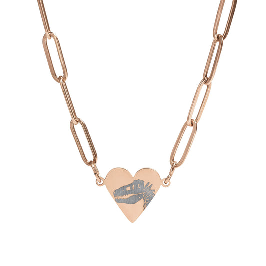 Engraved T. Rex Fossil Paperclip Heart Necklace — Dinosaur Necklace (Gold, Rose, Stainless Steel)