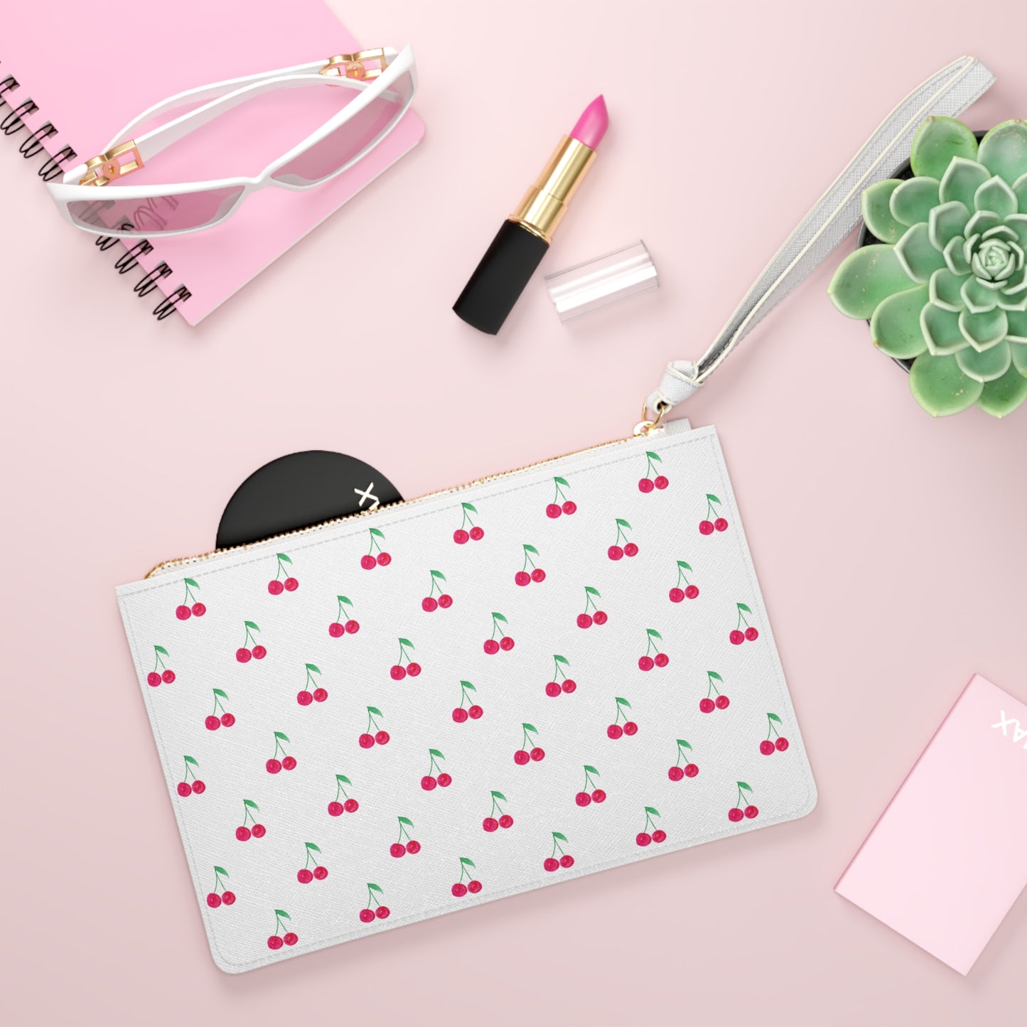 Pink Cherry Pattern White Clutch Bag — Kawaii Cherry Wristlet Purse