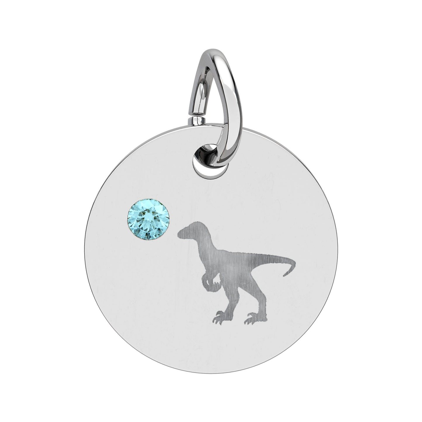 Birthstone Circle Charm — Engraved Dinosaur Silhouette Pendant