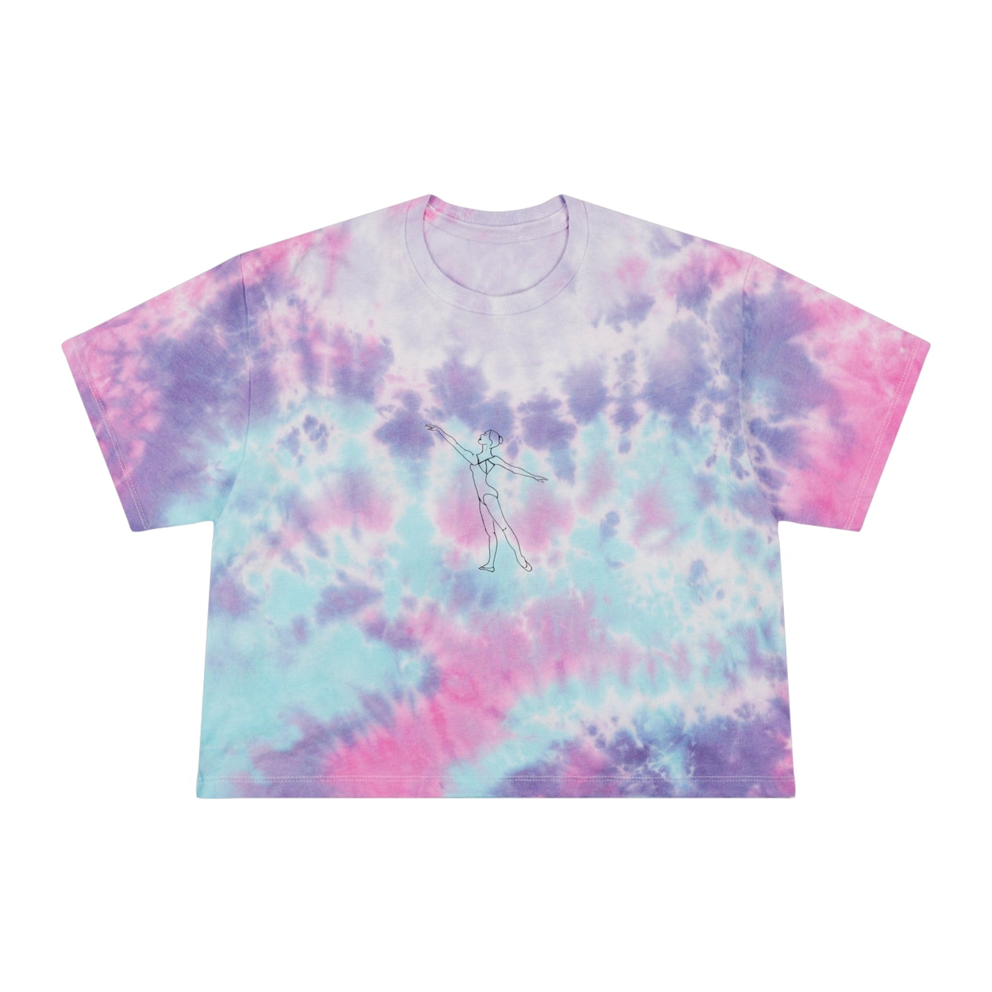 Tie-Dye Crop Tee — Pastel Blue Spiral with Minimal Line Art