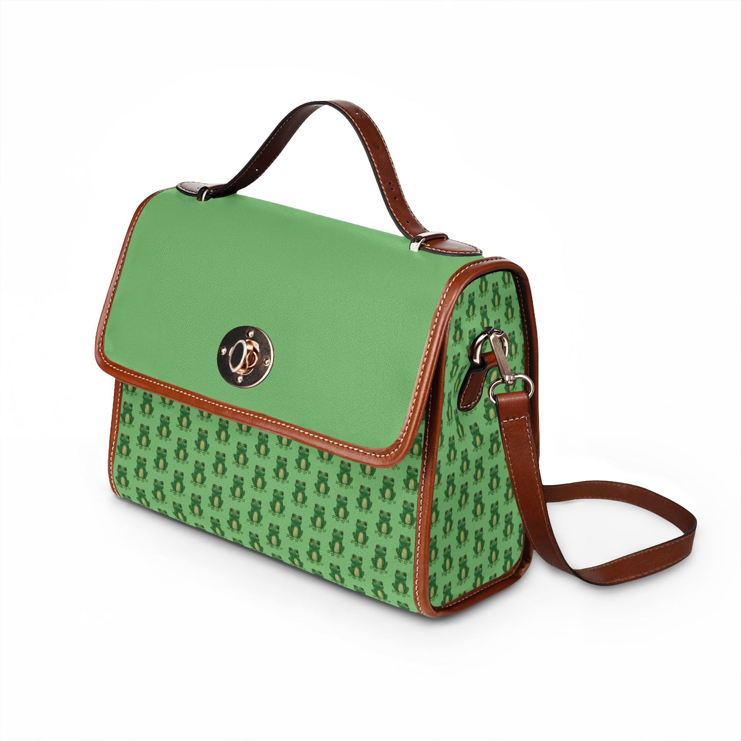 Green Waterproof Frog Print Canvas Satchel