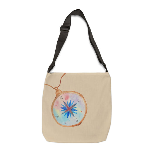 Compass Pendant Adjustable Tote Bag — Watercolor Travel Compass Print