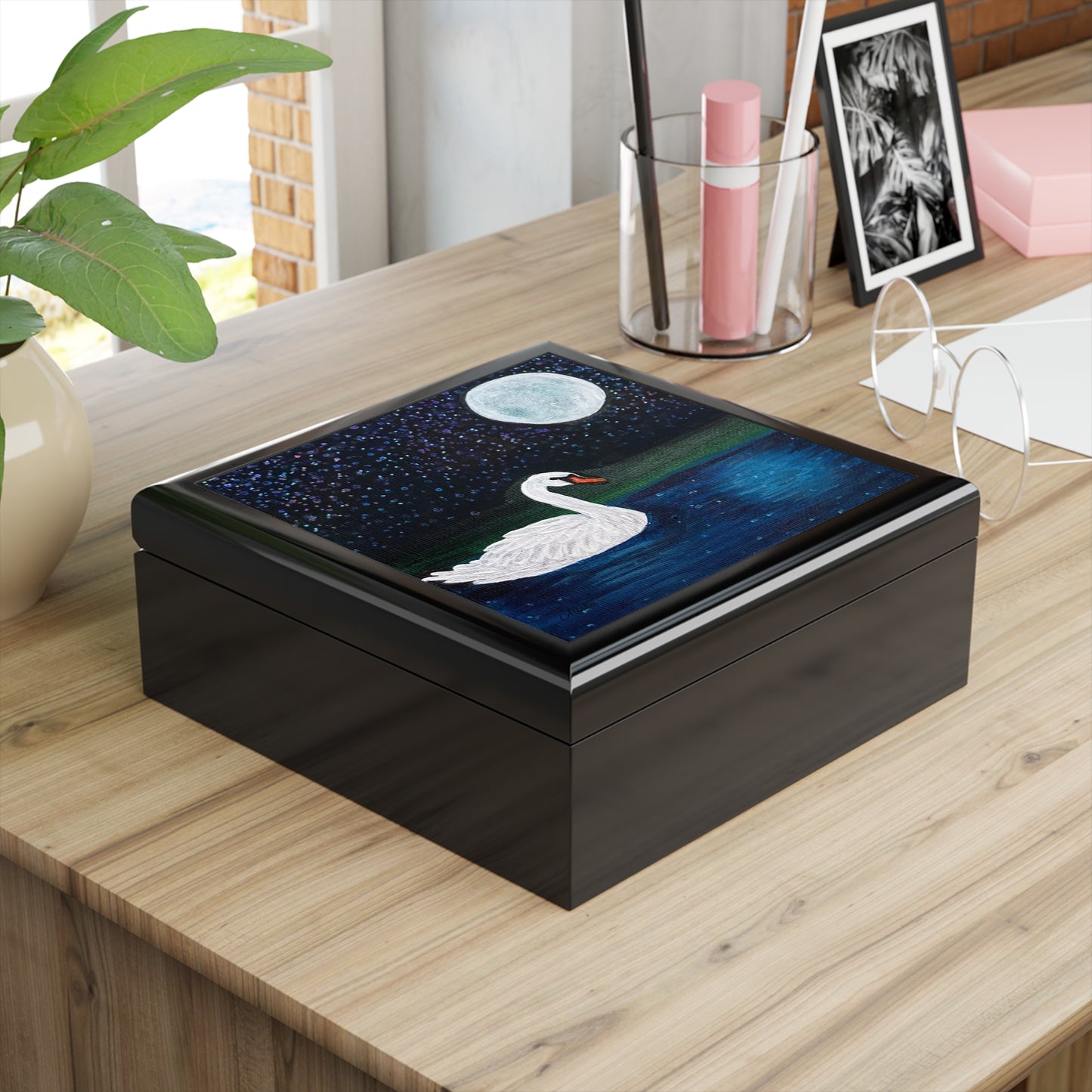 Moonlit Swan Lake Jewelry Box | Night Sky Lake Keepsake Box