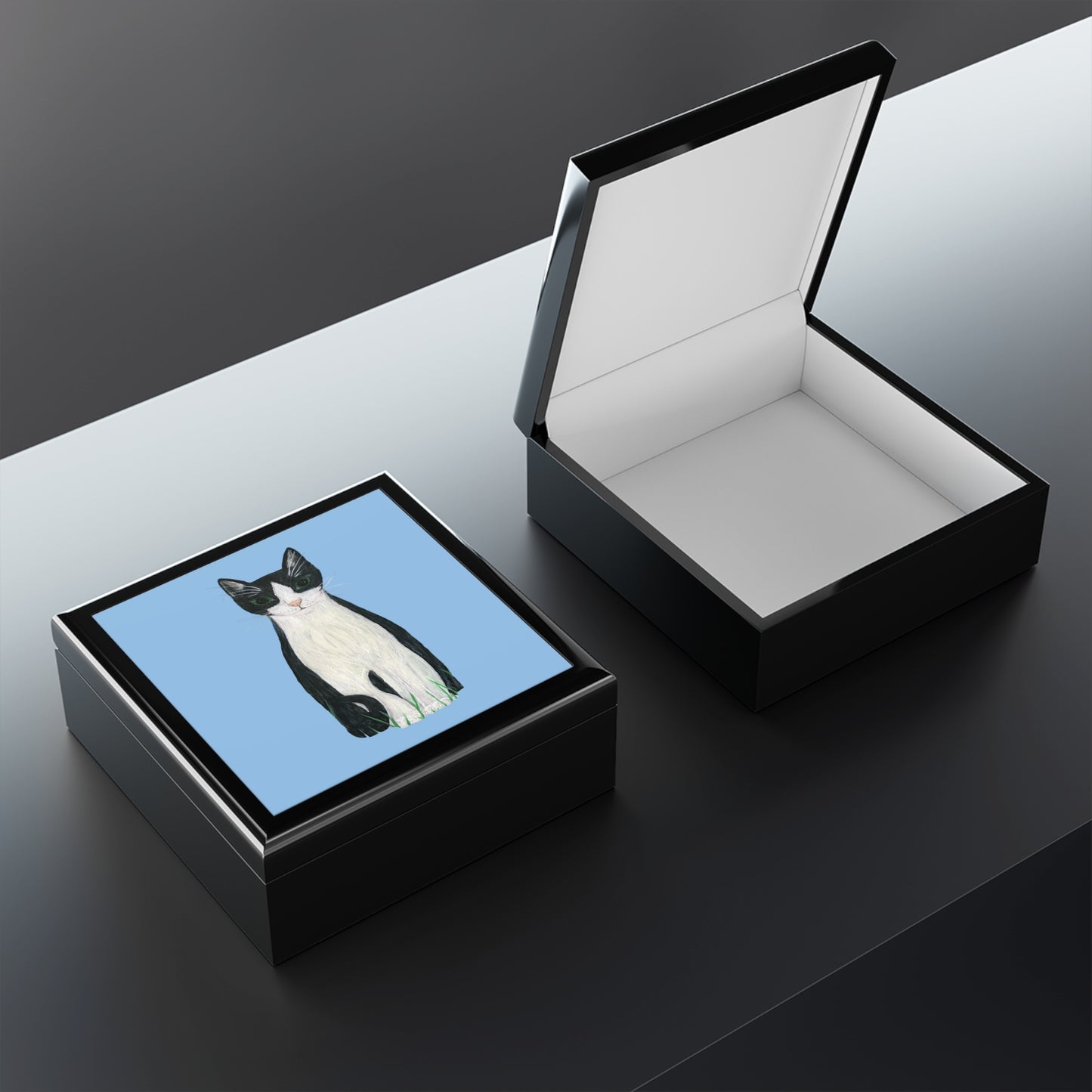 Minuet Tuxedo Cat Blue Jewelry Box