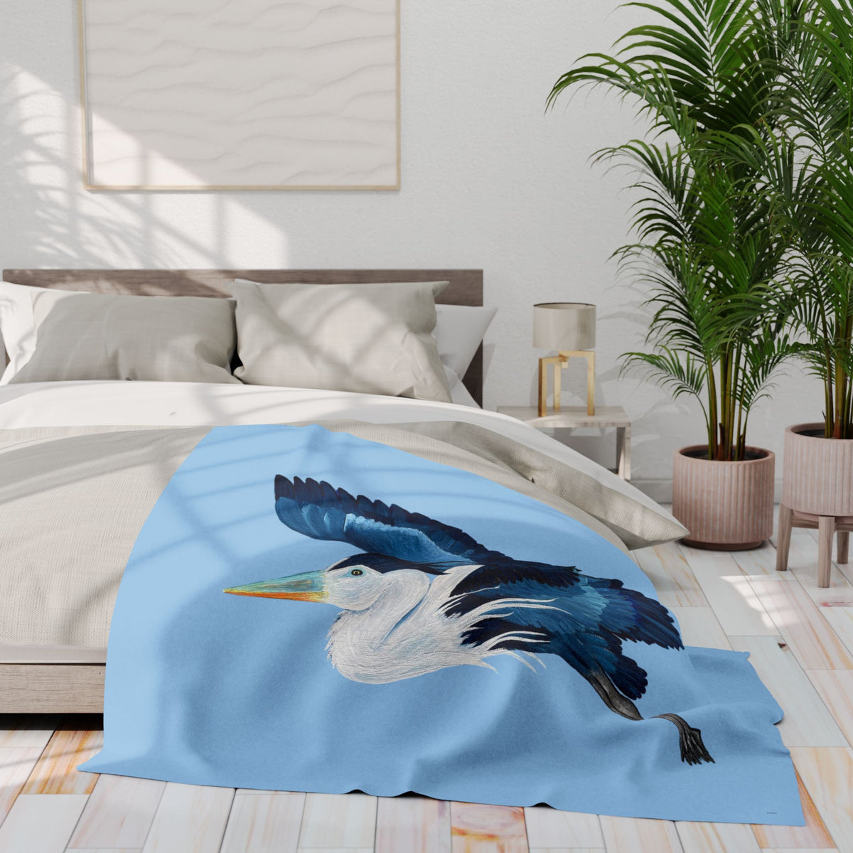 Blue Heron Fleece Blanket — Coastal Bird Throw for Home & Gifting