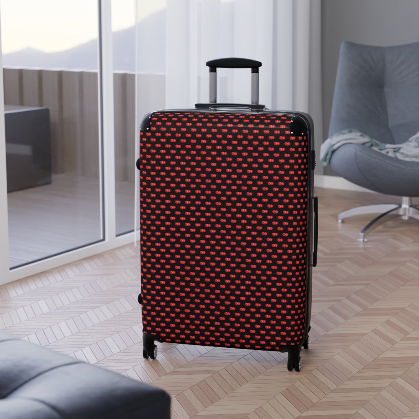 Red Begonia Floral Pattern Carry-On Suitcase — Black & Red Travel Luggage