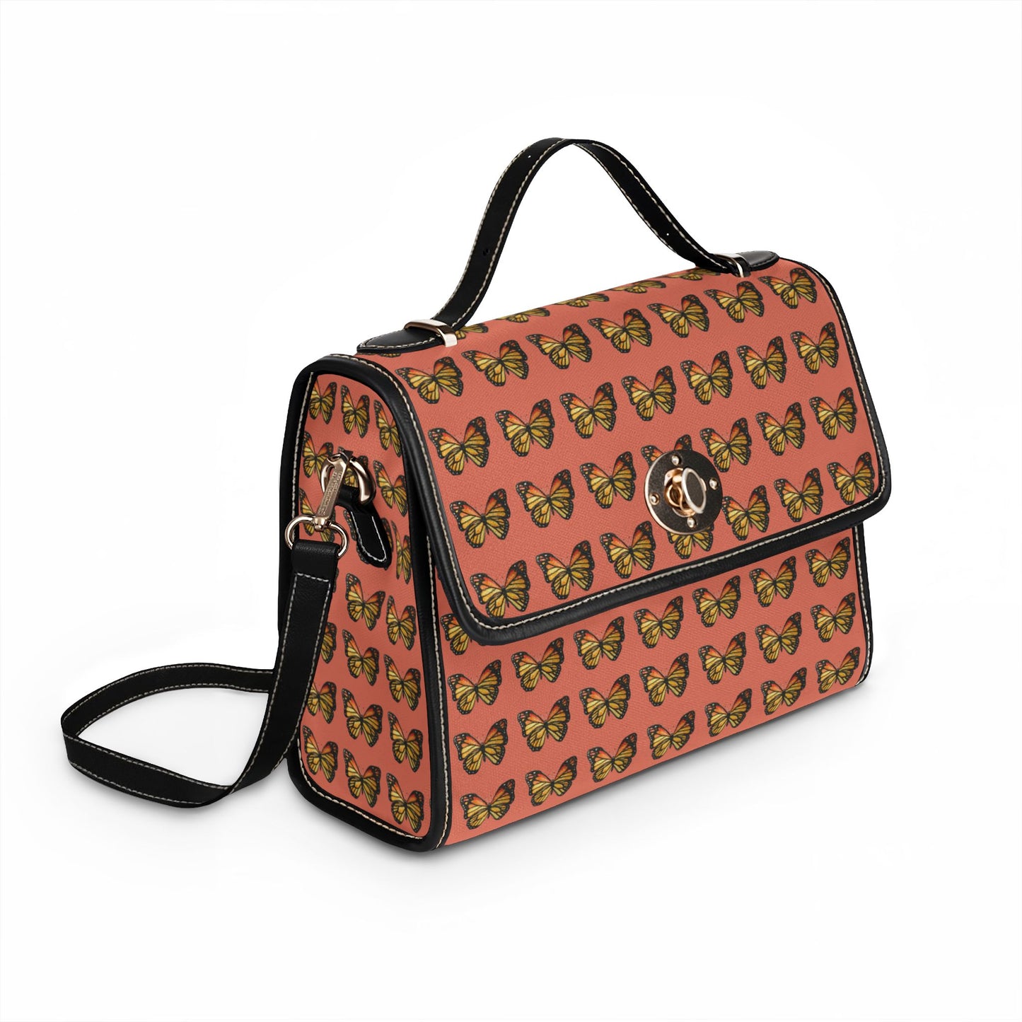 Butterfly Pattern Canvas Tote — Retro Coral Waterproof Bag