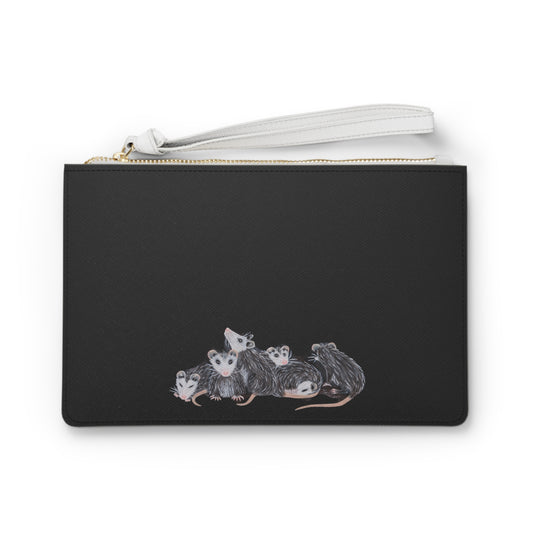 Possum Babies Black Clutch Bag — Illustrated Opossum Wristlet Purse