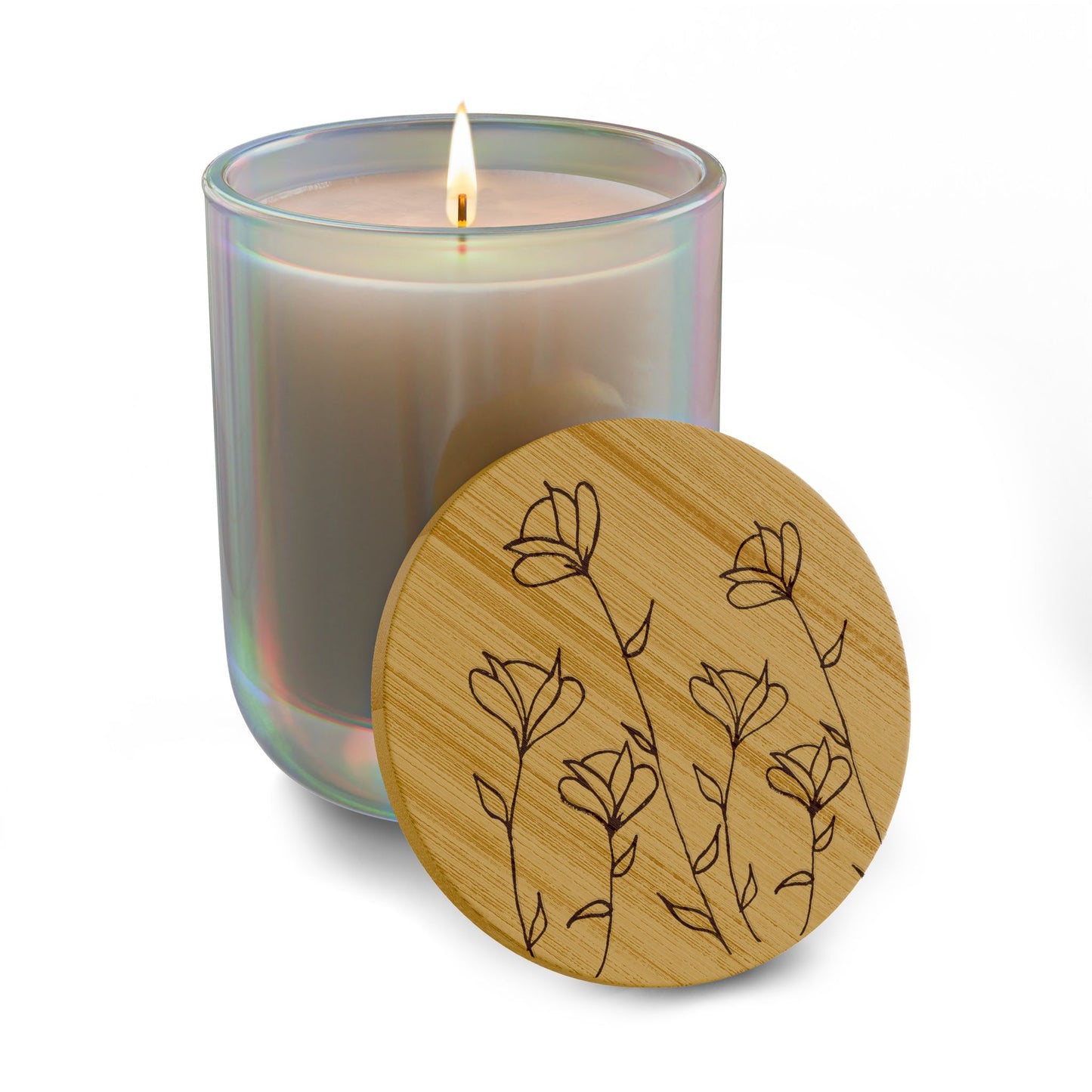 Engraved Floral Soy Candle — 14oz with Bamboo Lid