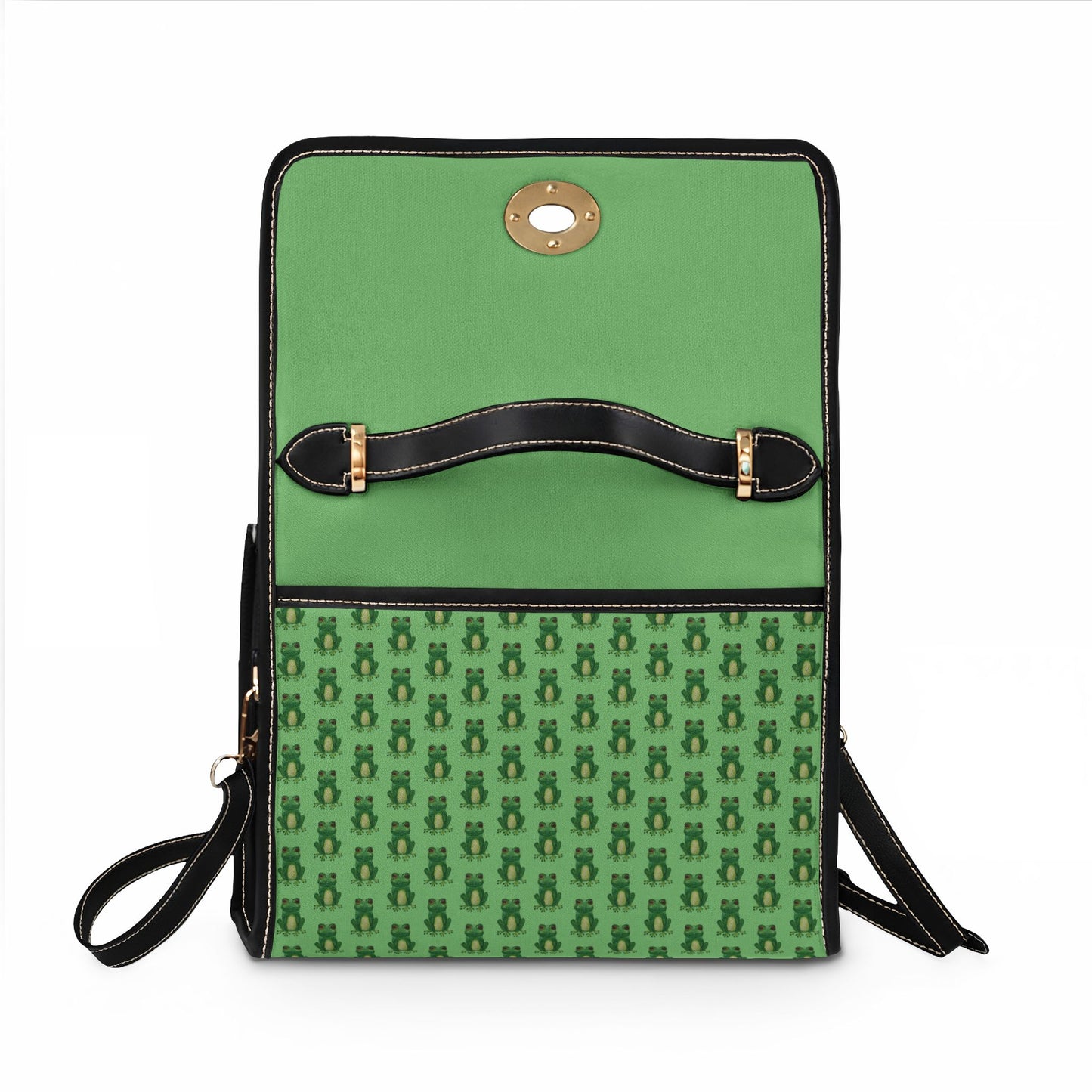 Green Waterproof Frog Print Canvas Satchel