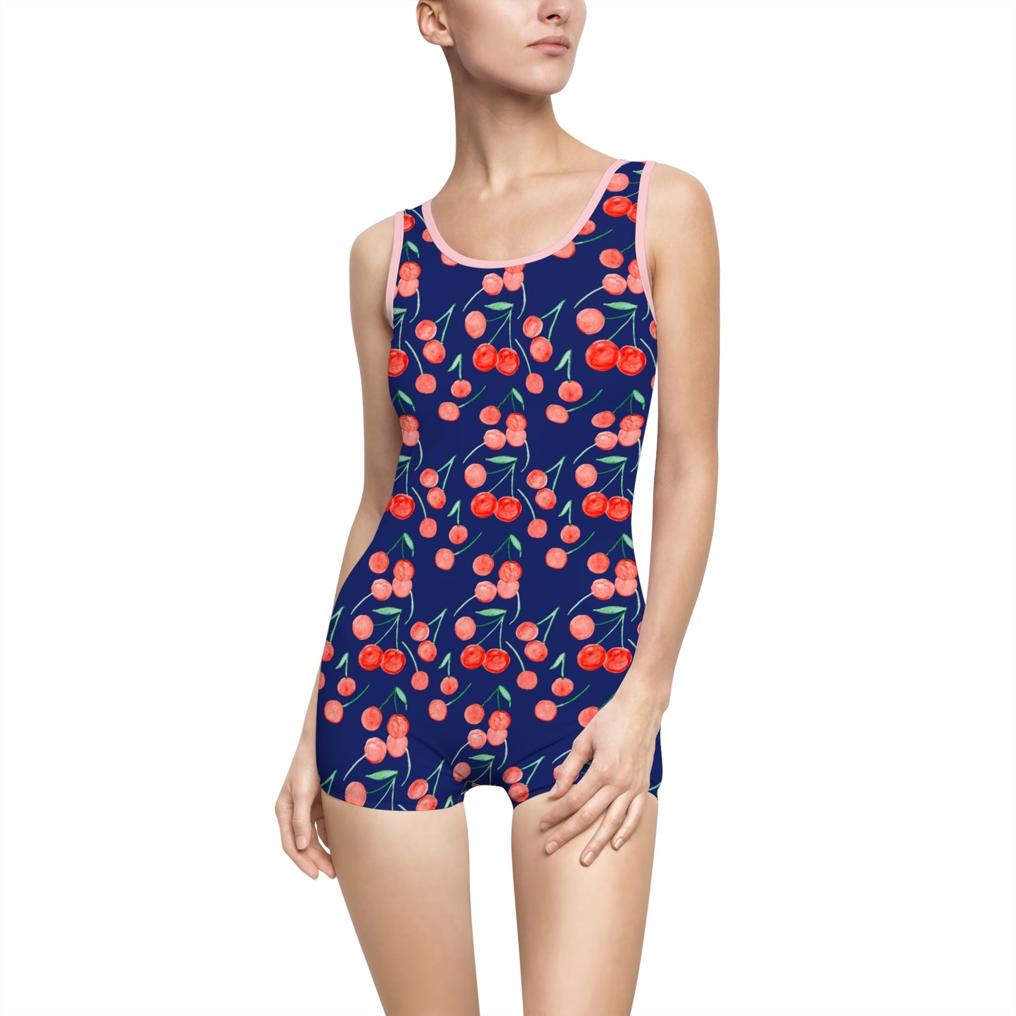 Navy Cherry One-Piece Swimsuit — Vintage Boyshort Swimwear
