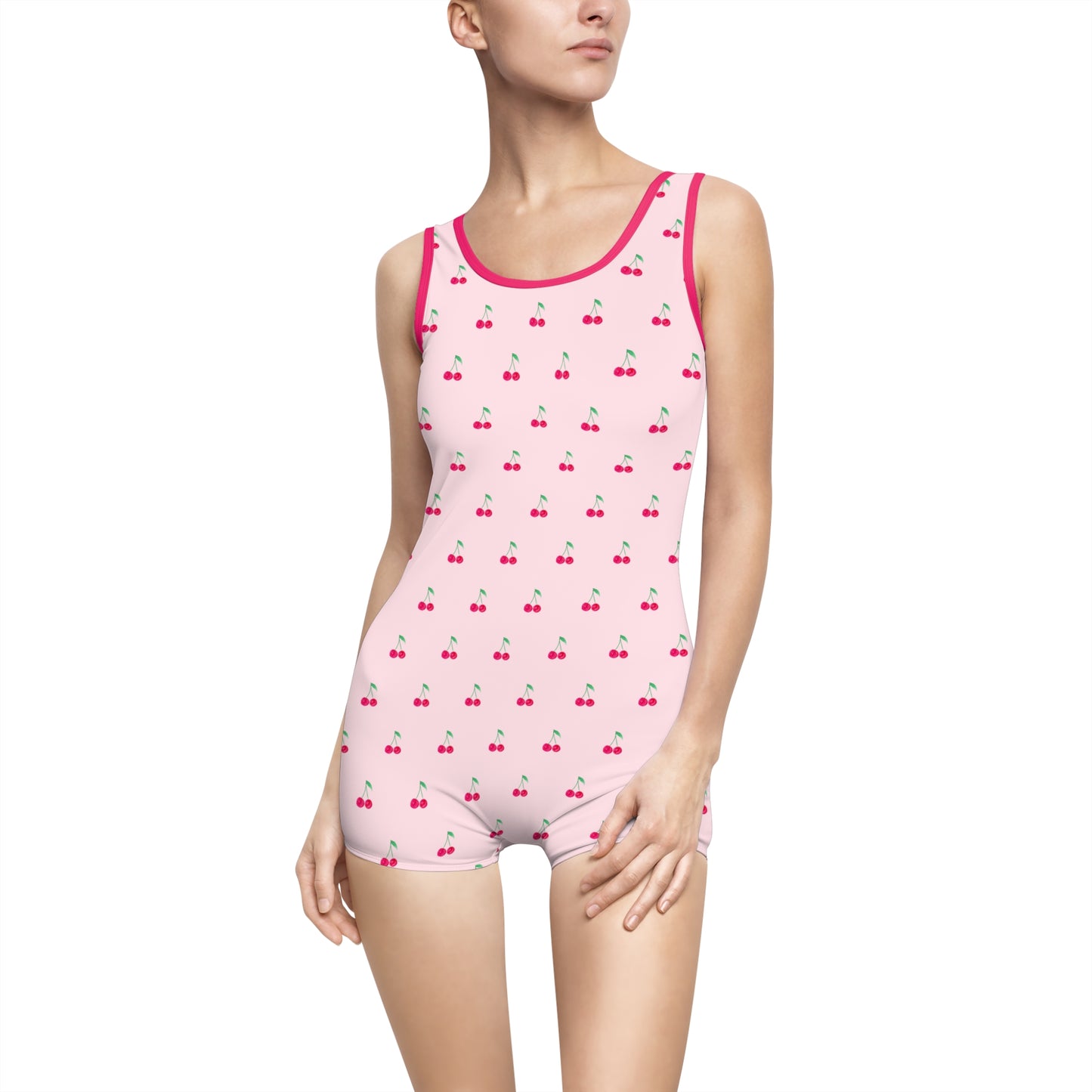 Vintage Cherry One-Piece Swimsuit — Retro Pink Boyshort Swimwear