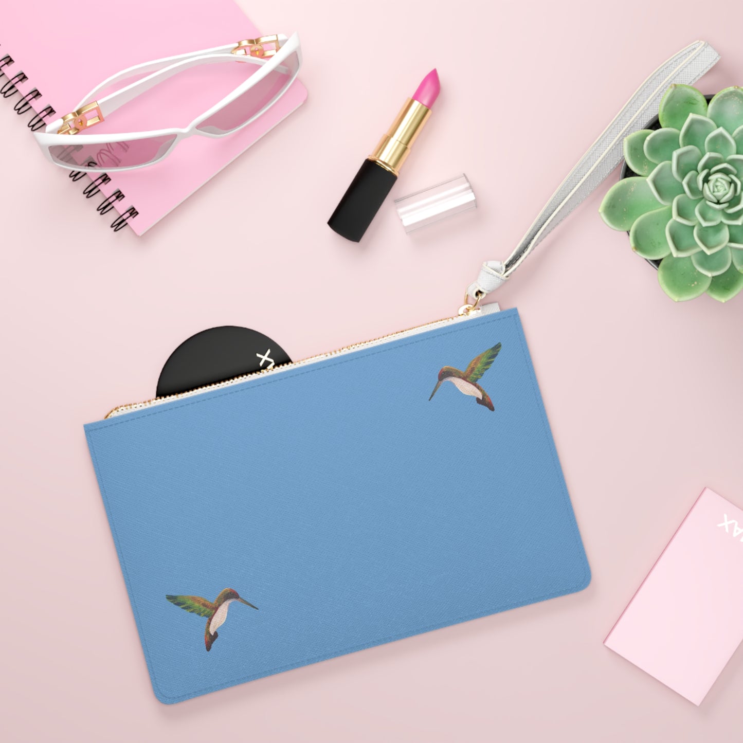 Hummingbird Print Clutch Bag — Sky Blue Wristlet Purse