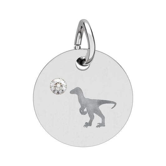 Birthstone Circle Charm — Engraved Dinosaur Silhouette Pendant