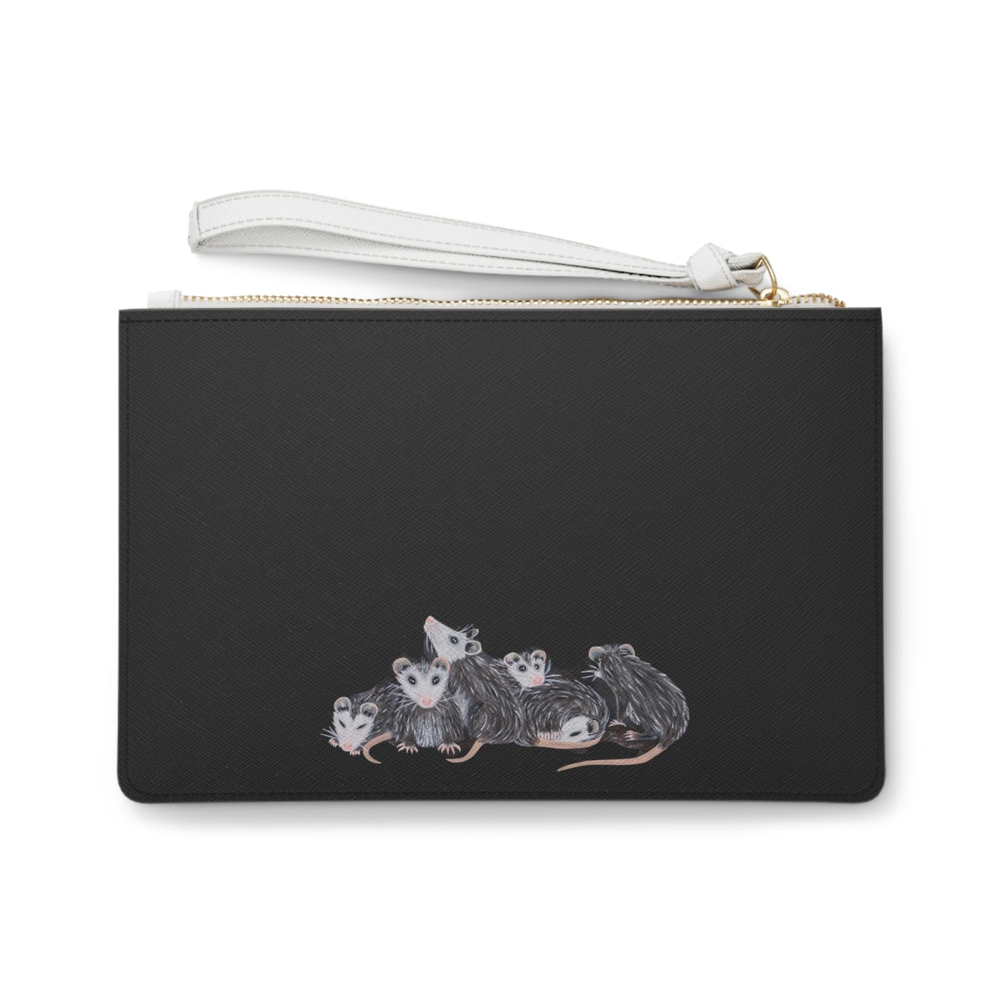 Possum Babies Black Clutch Bag — Illustrated Opossum Wristlet Purse