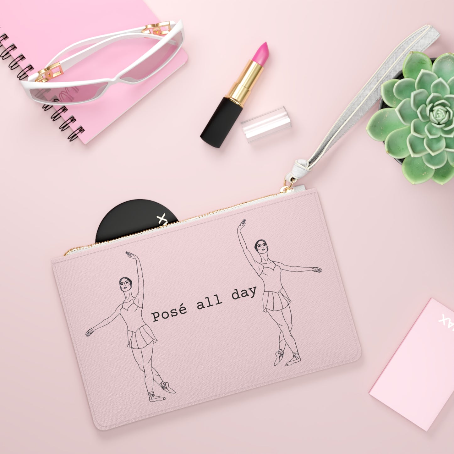 Pink Ballet Dancers Clutch Bag — Minimalist Sketch Wristlet