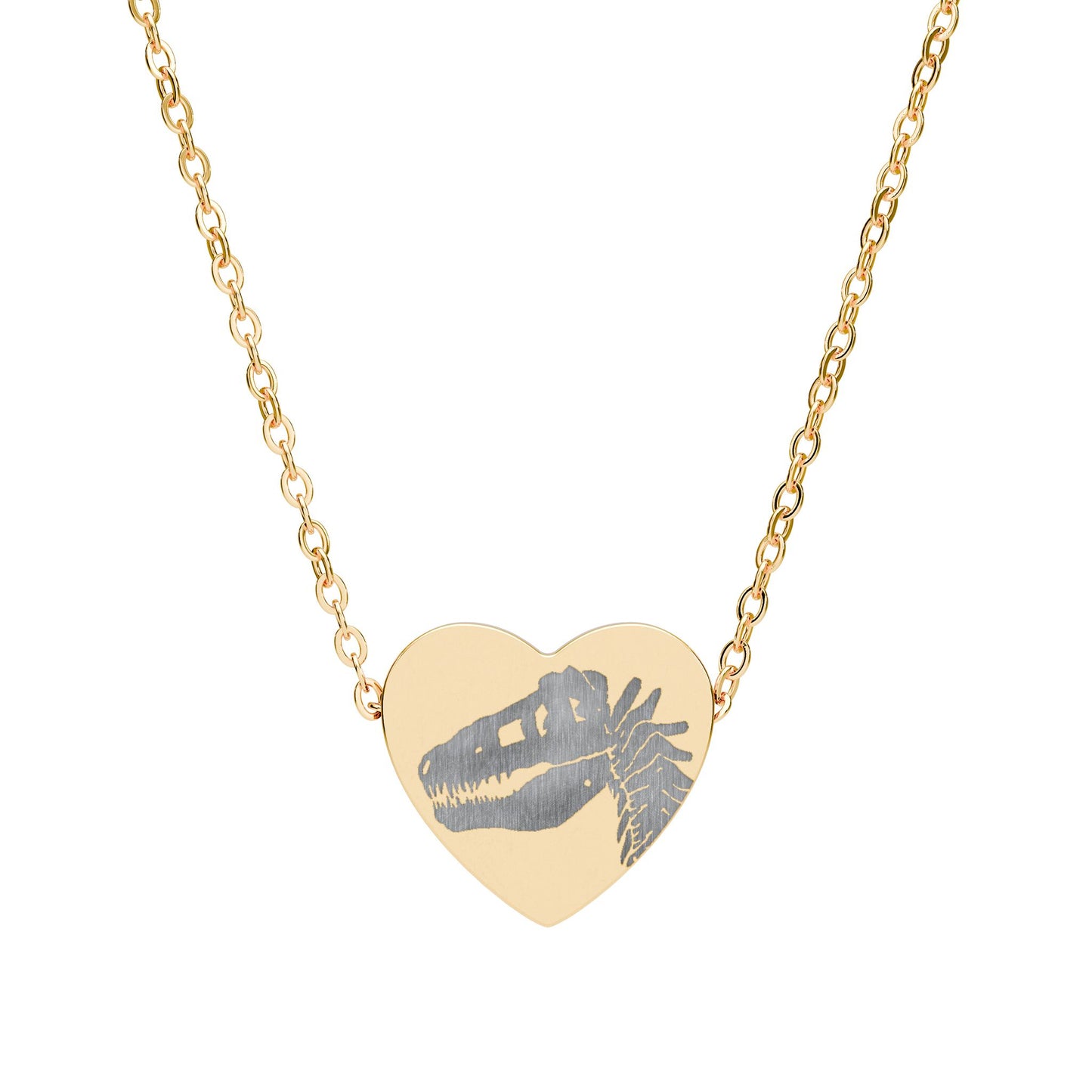 T-Rex Silhouette Heart Pendant Necklace — Engraved Dinosaur Jewelry