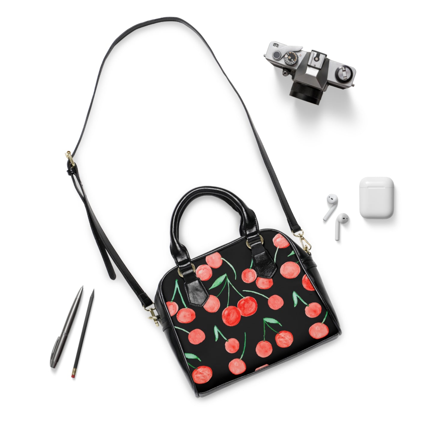 Cherry Pattern Shoulder Black Handbag | Red Cherry Print Bag