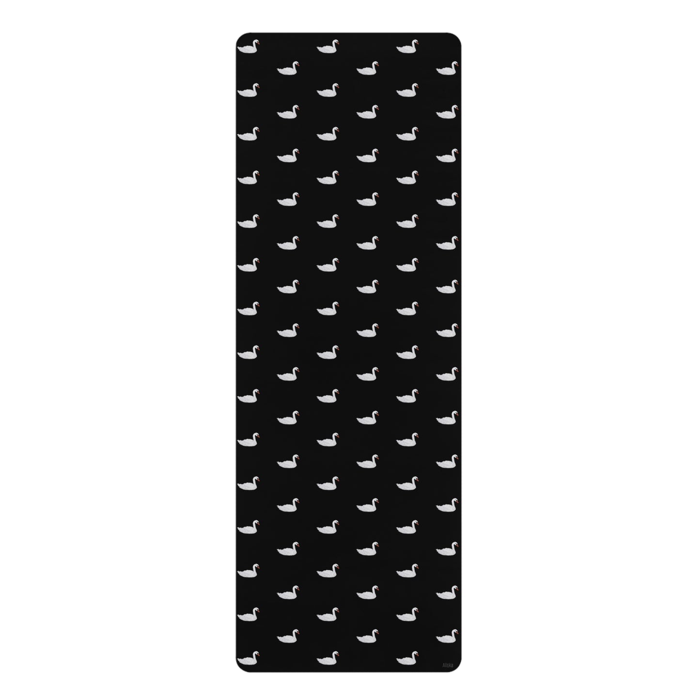 Black Rubber Yoga Mat with White Swan Pattern — Non-Slip Exercise Mat for Pilates & Travel
