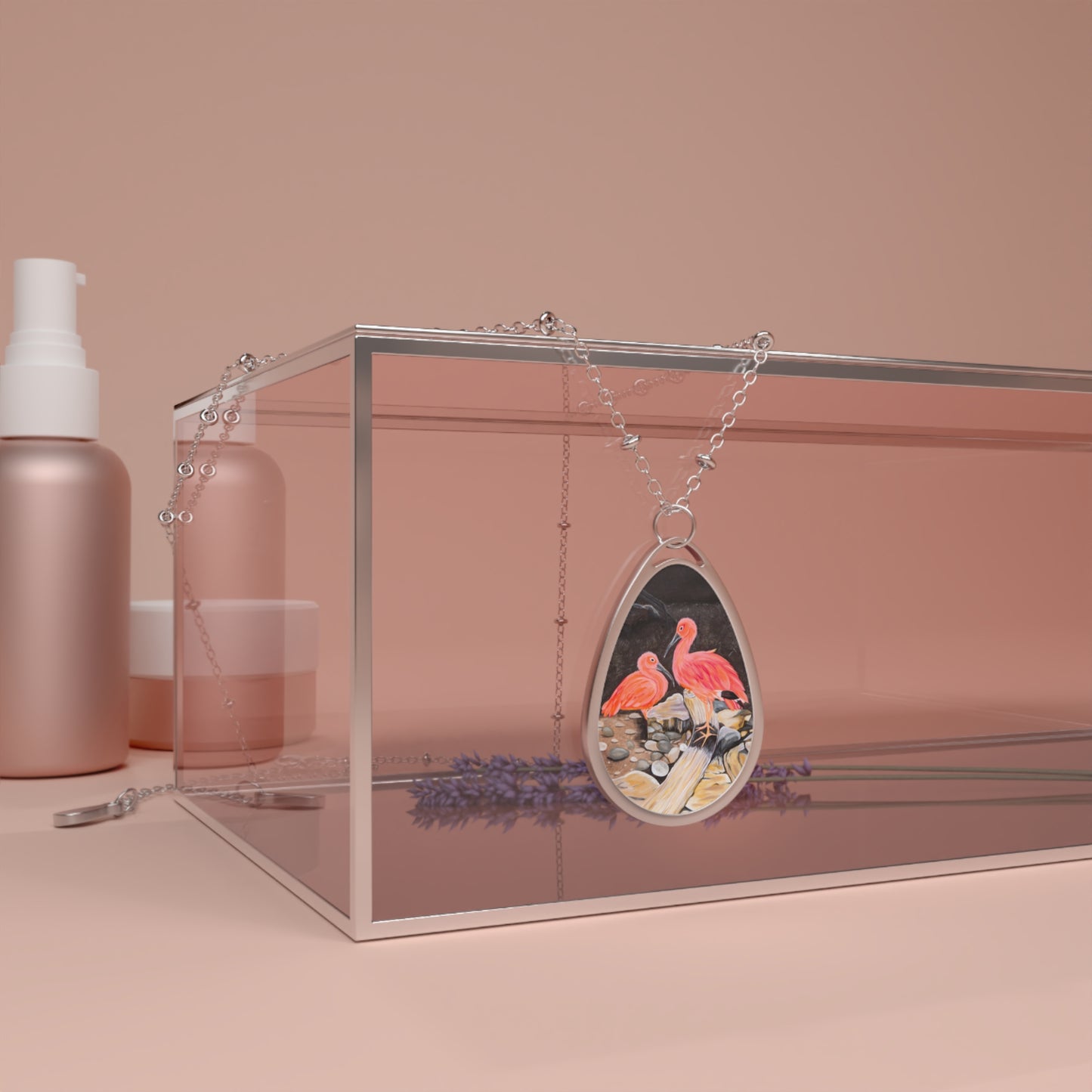 Pink Ibis Birds Oval Necklace