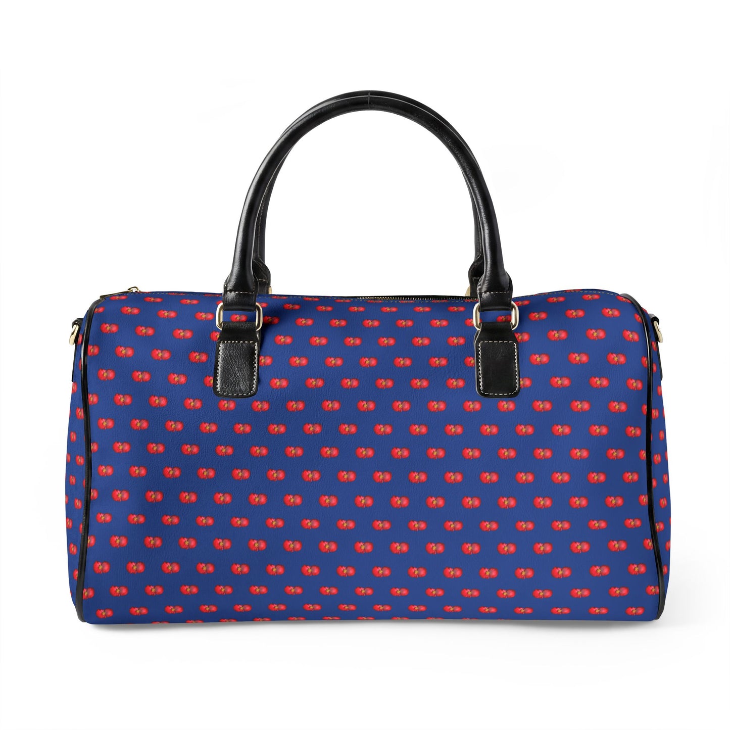 Classic Leather Weekender Bag — Navy Blue with Red Mini Begonias