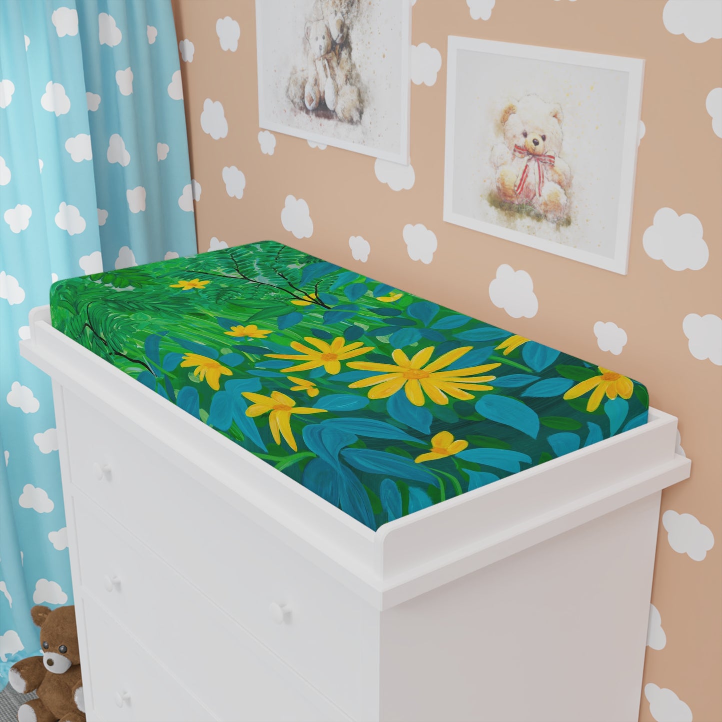 Green Floral Daisy Changing Pad Cover — Bright Nursery Bedding