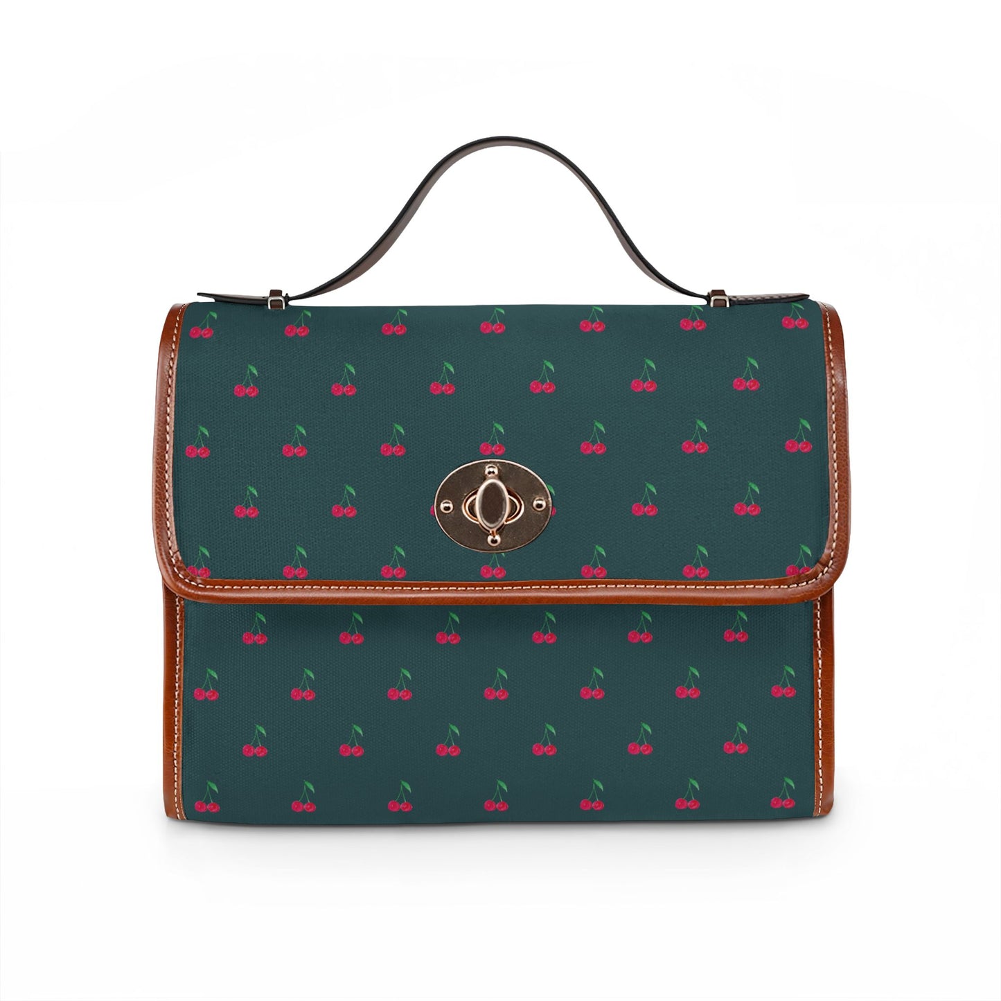 Cherry Pattern Canvas Tote — Vintage Green Waterproof Bag
