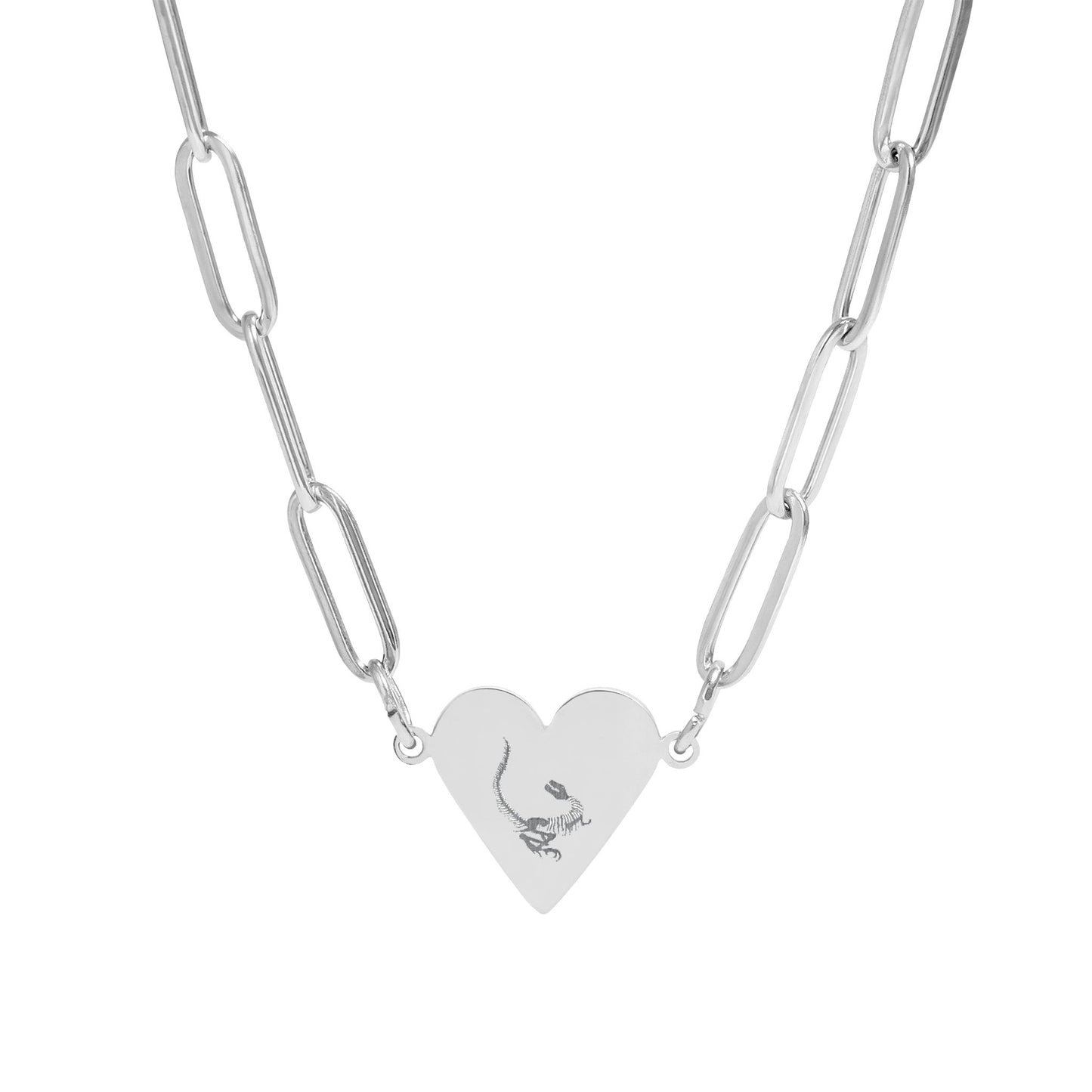 Paperclip Chain Dinosaur Heart Necklace — Engraved Fossil Heart Pendant